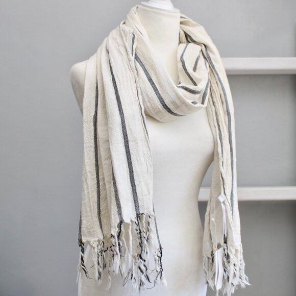 Vince Cream Gray Striped Cotton Gauze Stripe Rectangle Finge Scarf NWT - Picture 1 of 7
